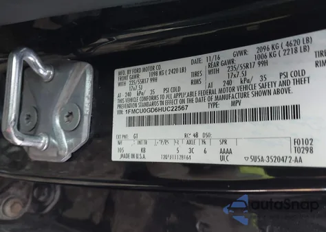 2017 Ford Escape Se from USA, damaged, VIN 1FMCU0GD6HUC22567